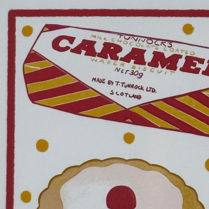British Biscuit Icons Square hand drawn card with jammie Dodgers and custard creams