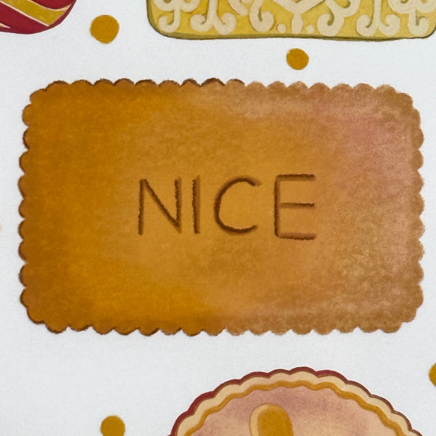 British Biscuit Icons Square hand drawn card with jammie Dodgers and custard creams
