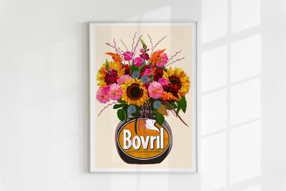 Colourful bovril With Sunflowers Dahlias & Roses Art Print/Poster