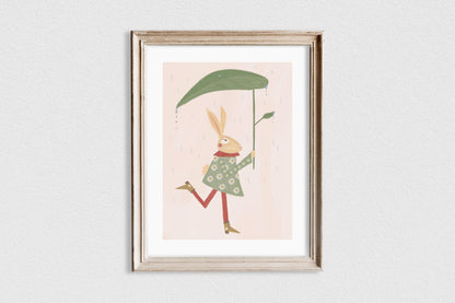 Vintage style Hare With Leaf Umbrella Children's Art Print/Poster