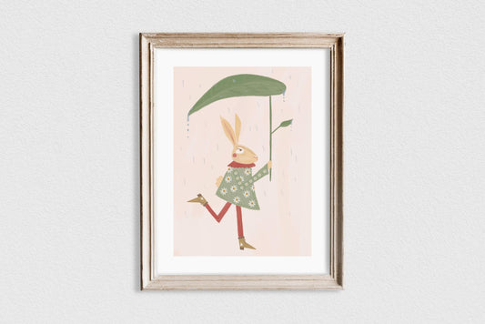 Vintage style Hare With Leaf Umbrella Children's Art Print/Poster