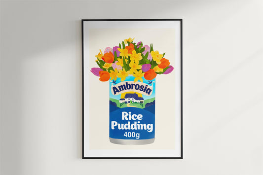 Rice Pudding Tin with Tulips and Daffodils Kitchen Art Print/Poster - Unframed A5 A4 A3
