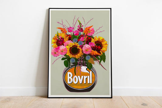 Colourful bovril With Sunflowers Dahlias & Roses Art Print/Poster