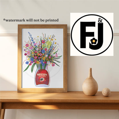 Hand drawn Coffee jar and colourful wild flowers unframed art print