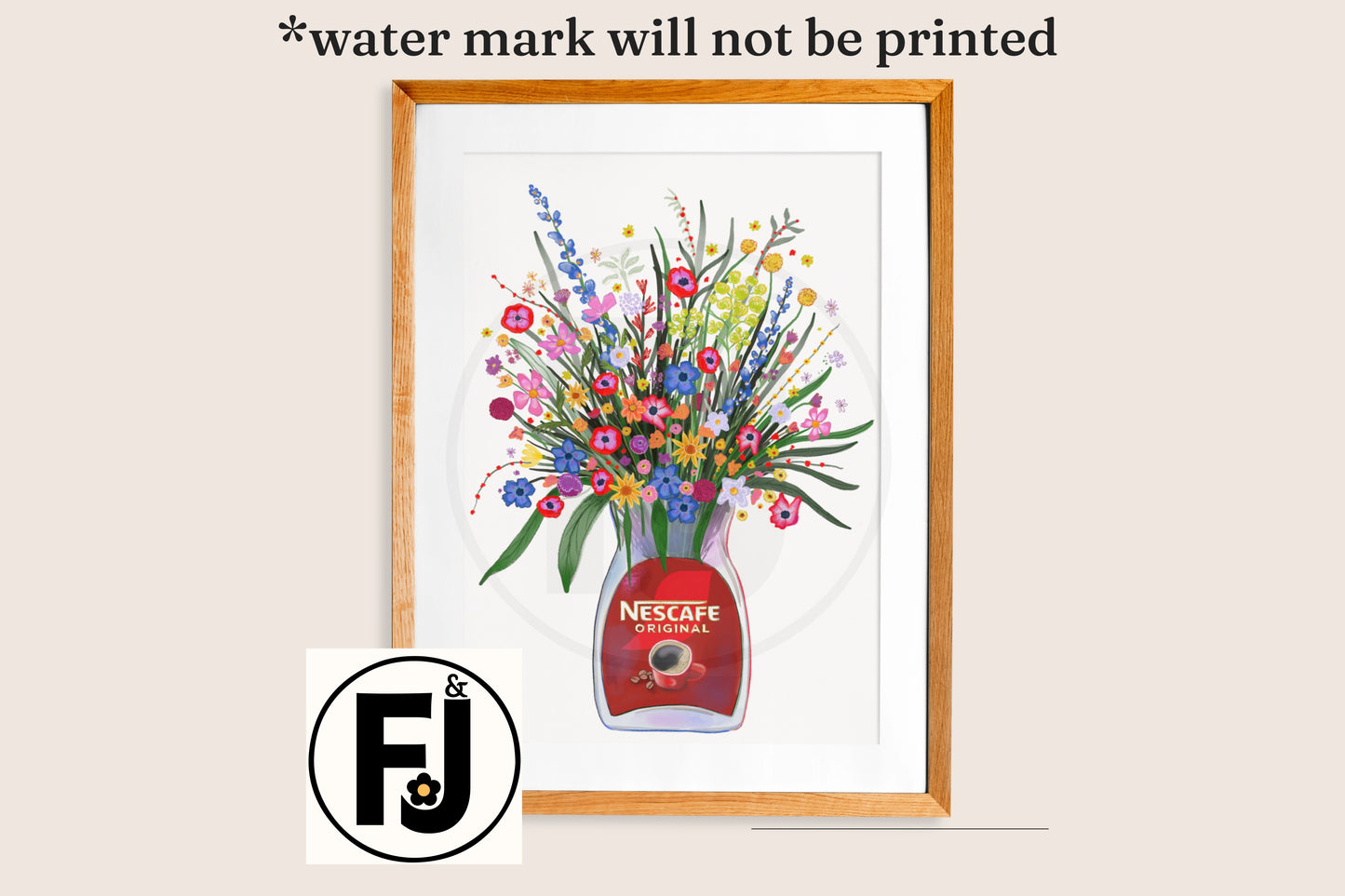 Hand drawn Coffee jar and colourful wild flowers unframed art print