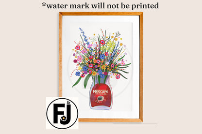Hand drawn Coffee jar and colourful wild flowers unframed art print