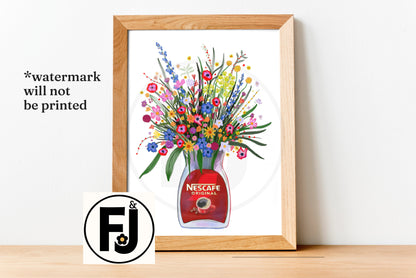 Hand drawn Coffee jar and colourful wild flowers unframed art print