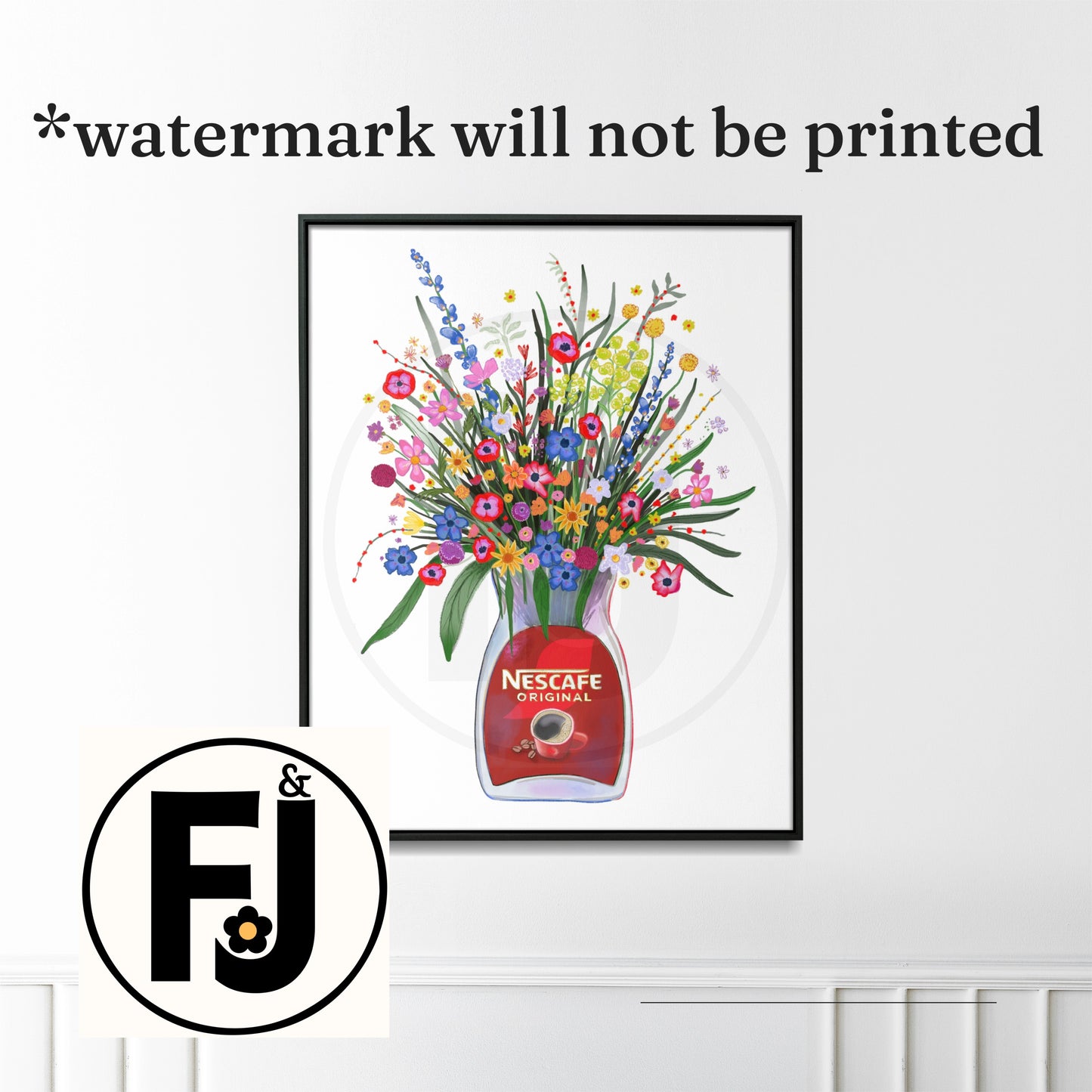 Hand drawn Coffee jar and colourful wild flowers unframed art print