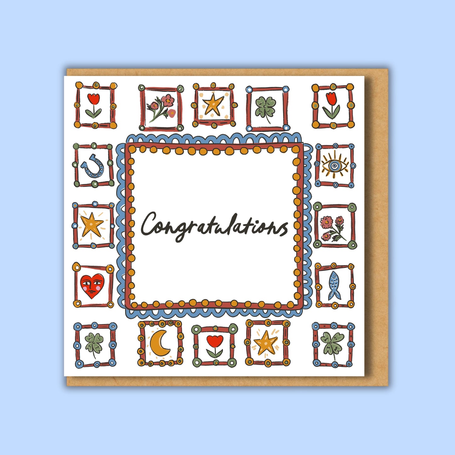 Congratulations Square Card with lucky charm border. Blank inside, matte finish