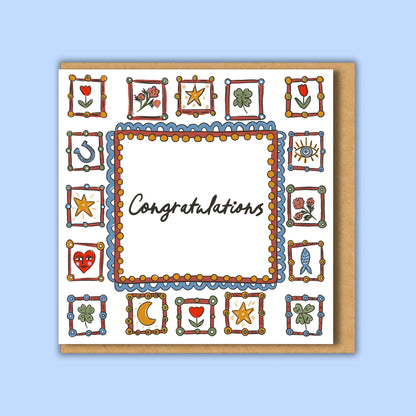 Congratulations Square Card with lucky charm border. Blank inside, matte finish