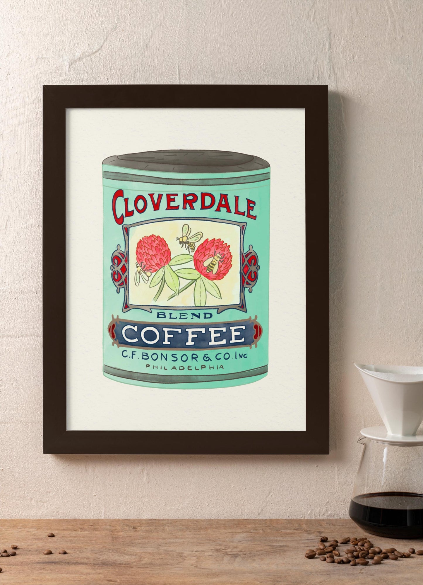 Vintage Coffee Tin Kitchen Poster/Art Print with clover and bee