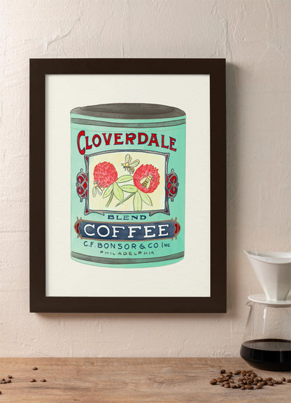 Vintage Coffee Tin Kitchen Poster/Art Print with clover and bee