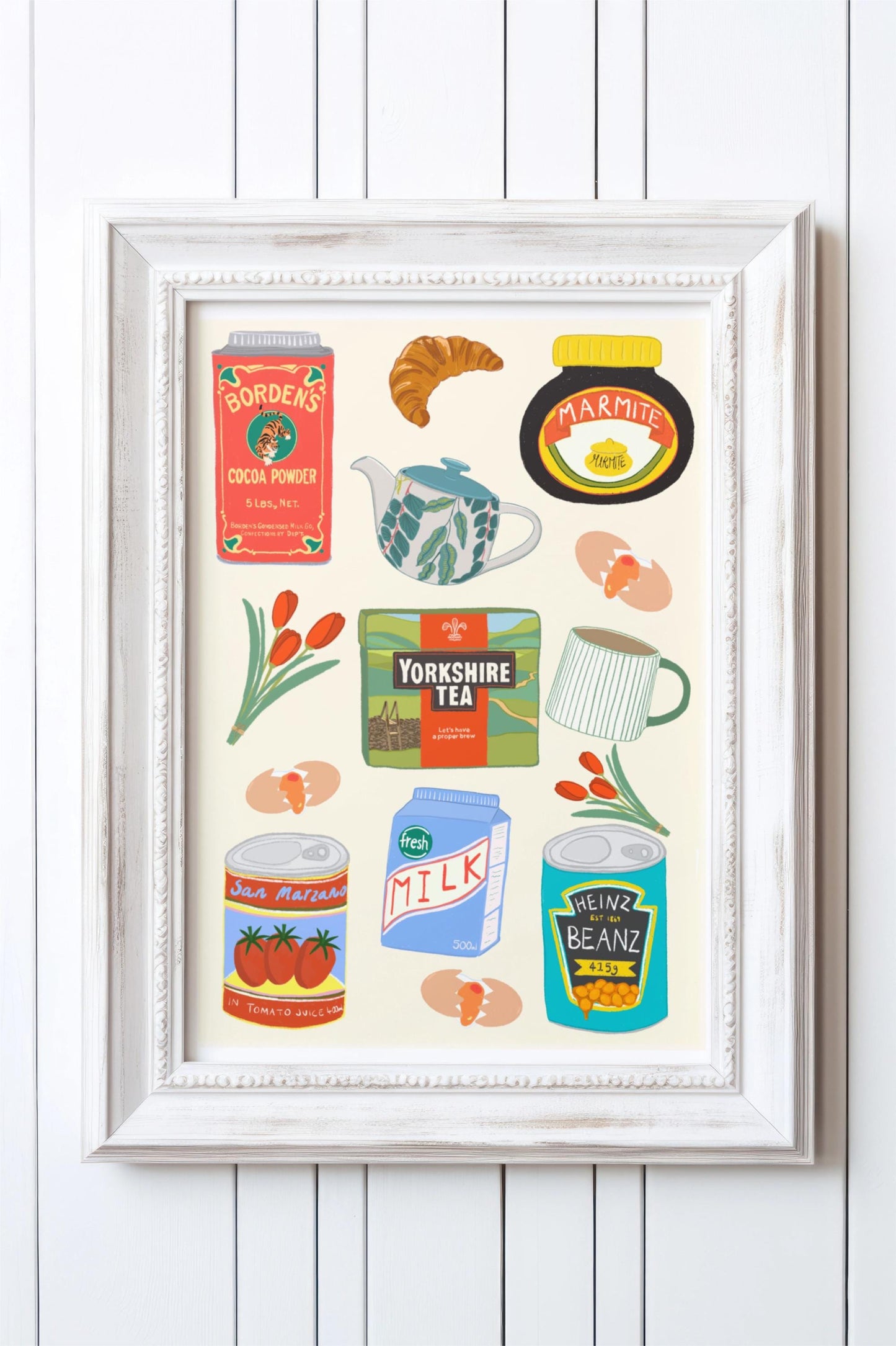 Breakfast Kitchen Poster/Art Print with Yorkshire tea, Marmite, Heinz Beans & Tulips
