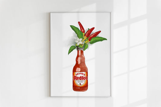 Franks Hot Sauce with Chilli plant and flowers Poster/Print