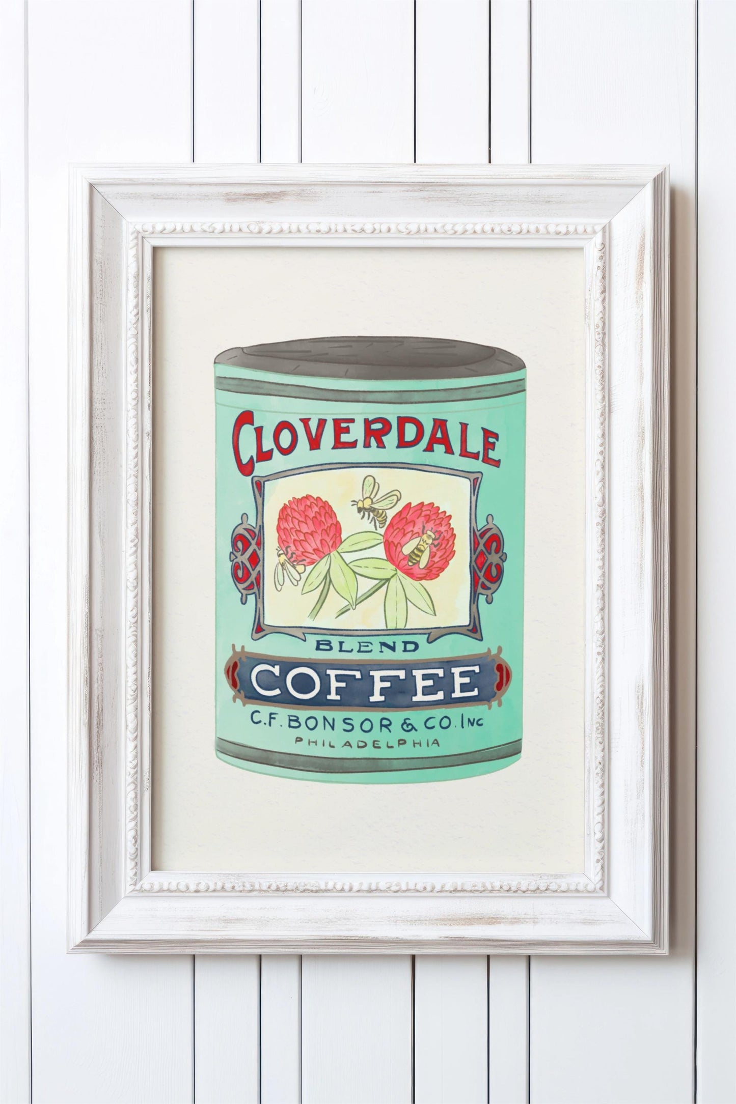 Vintage Coffee Tin Kitchen Poster/Art Print with clover and bee