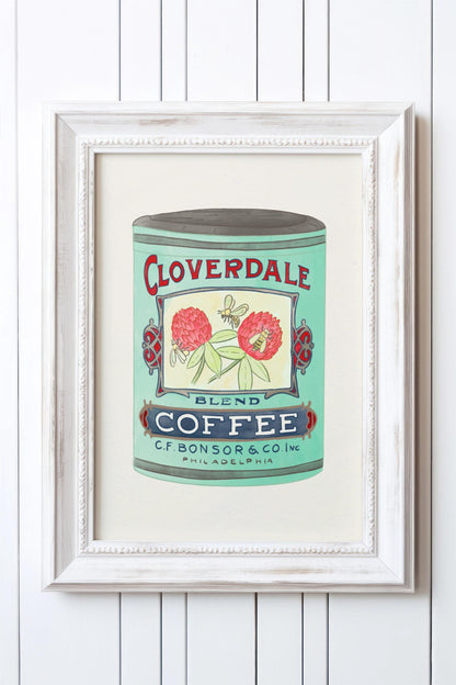 Vintage Coffee Tin Kitchen Poster/Art Print with clover and bee