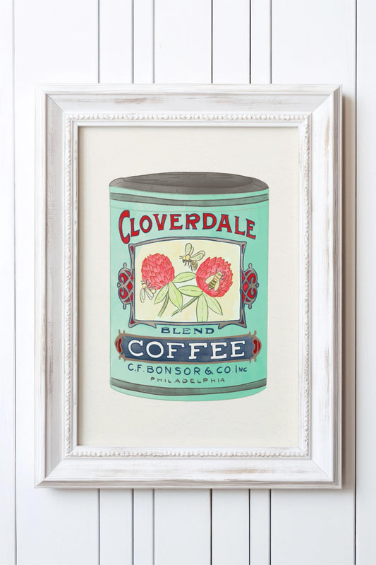 Vintage Coffee Tin Kitchen Poster/Art Print with clover and bee