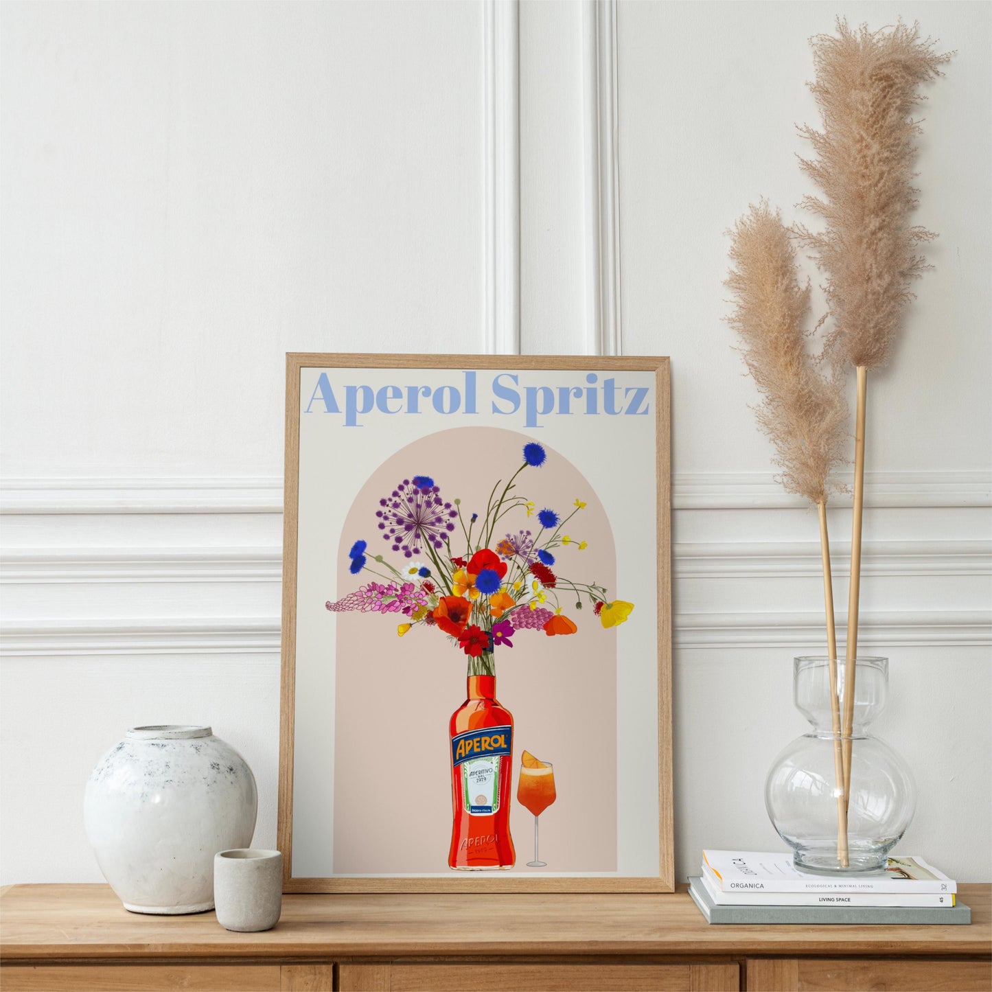 Aperol Spritz and wild flowers Retro cocktail Poster, Unframed