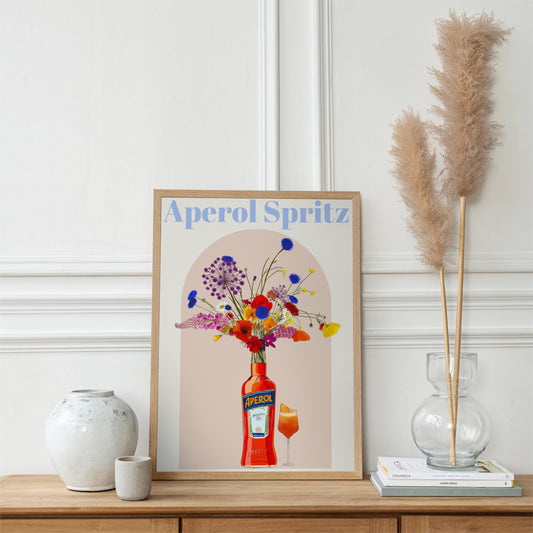 Aperol Spritz and wild flowers Retro cocktail Poster, Unframed