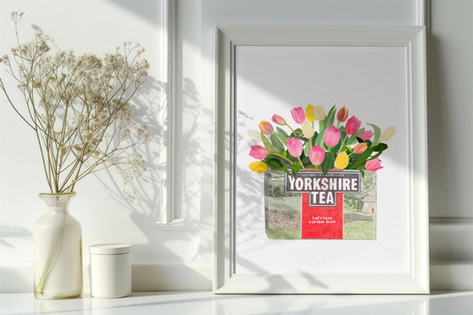 Yorkshire Tea Floral Art Print, Colourful, Vintage, Quirky, Dopamine Decor, Kitchen Poster, Painting, Pretty, Tulips, Fun Cottage Core Retro