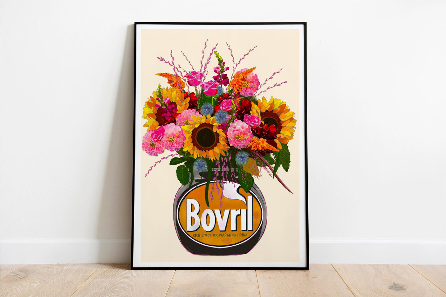 Colourful bovril With Sunflowers Dahlias & Roses Art Print/Poster
