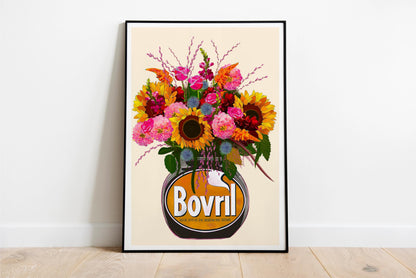 Colourful bovril With Sunflowers Dahlias & Roses Art Print/Poster
