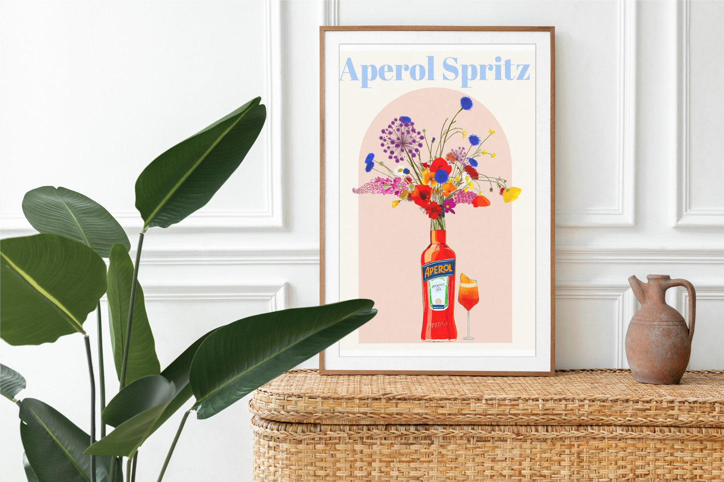 Aperol Spritz and wild flowers Retro cocktail Poster, Unframed