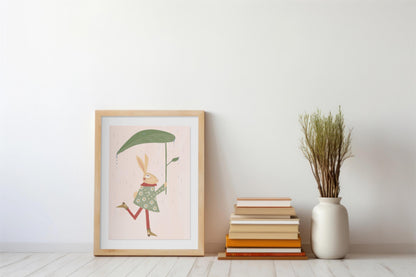 Vintage style Hare With Leaf Umbrella Children's Art Print/Poster