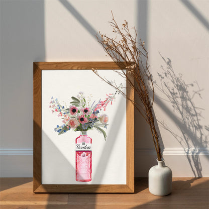 Pink Gin Bottle and Cottage Garden Flowers, Unframed Kitchen Art Print/Poster