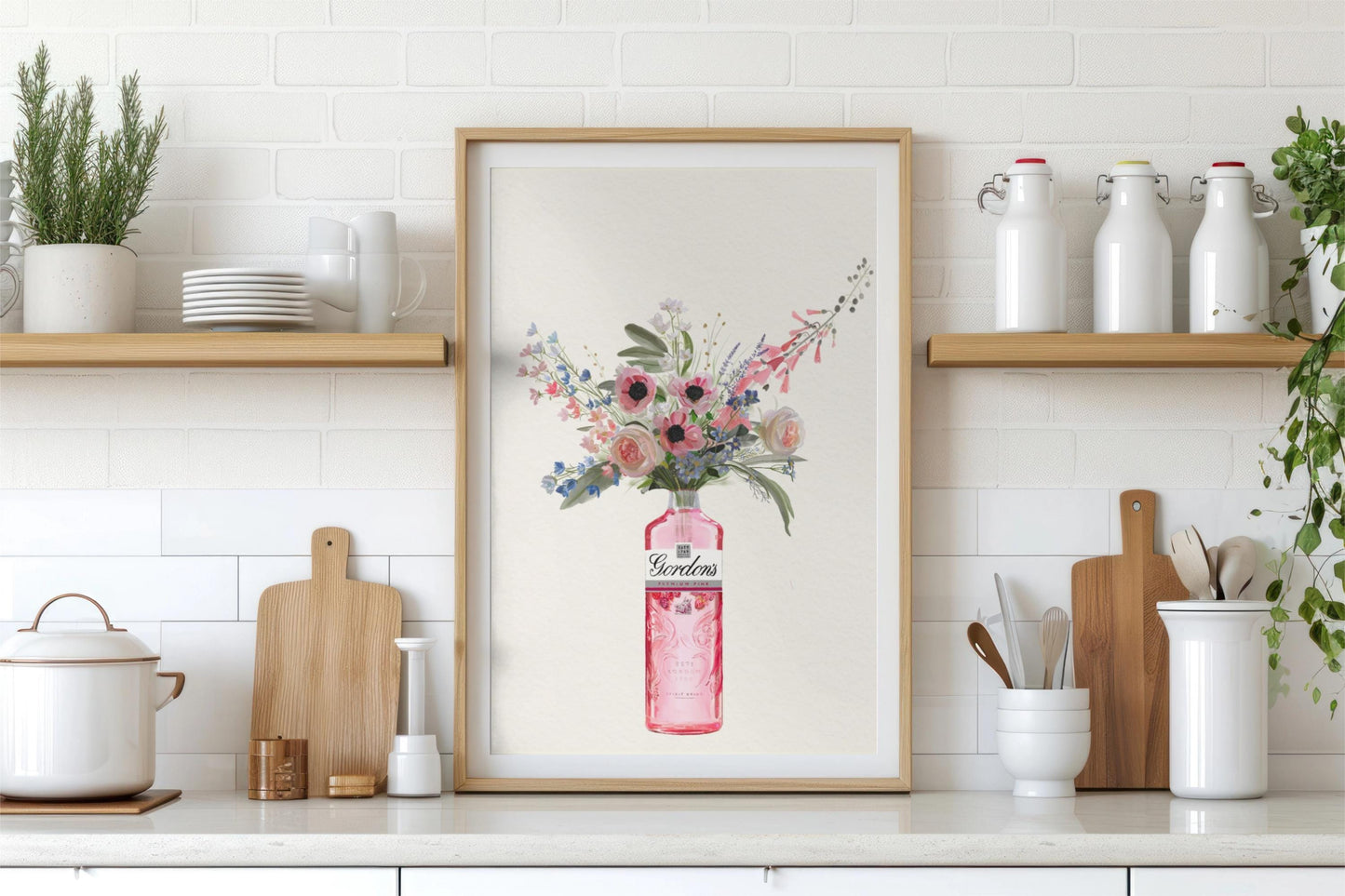 Pink Gin Bottle and Cottage Garden Flowers, Unframed Kitchen Art Print/Poster