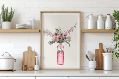 Pink Gin Bottle and Cottage Garden Flowers, Unframed Kitchen Art Print/Poster