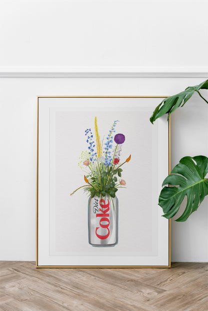 Diet coke can art print poster, framed on a white wall with foliage