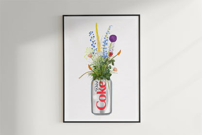 diet coke can and colourful wildflowers art print poster