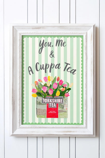 "You, Me & a Cuppa Tea" Yorkshire Tea and Tulips Striped Art Print with green scalloped Border