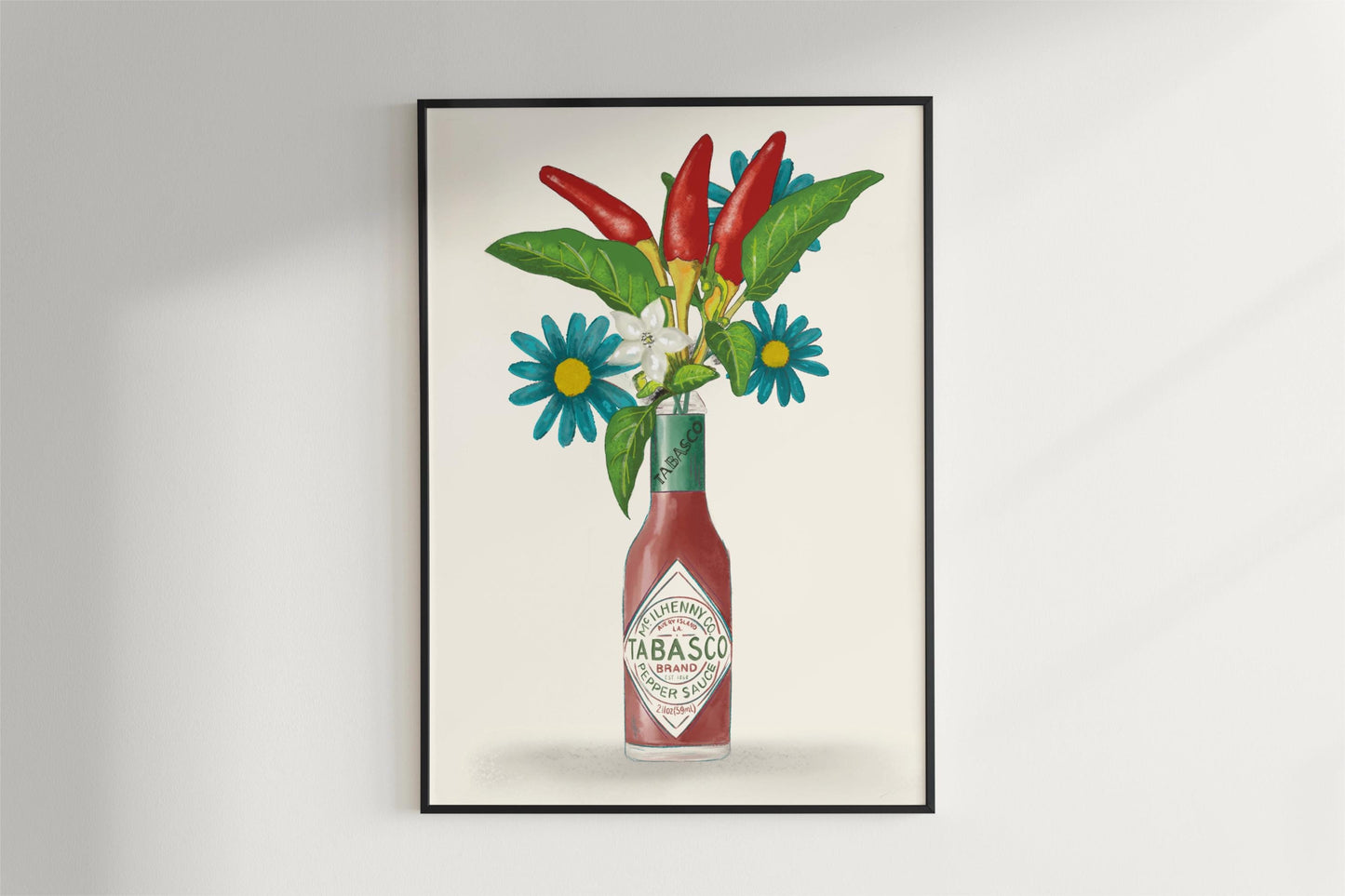 Tabasco Hot sauce with flowers and chillis kitchen Unframed Art Print