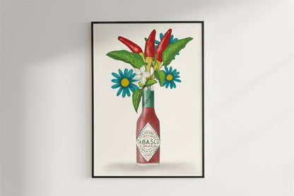 Tabasco Hot sauce with flowers and chillis kitchen Unframed Art Print