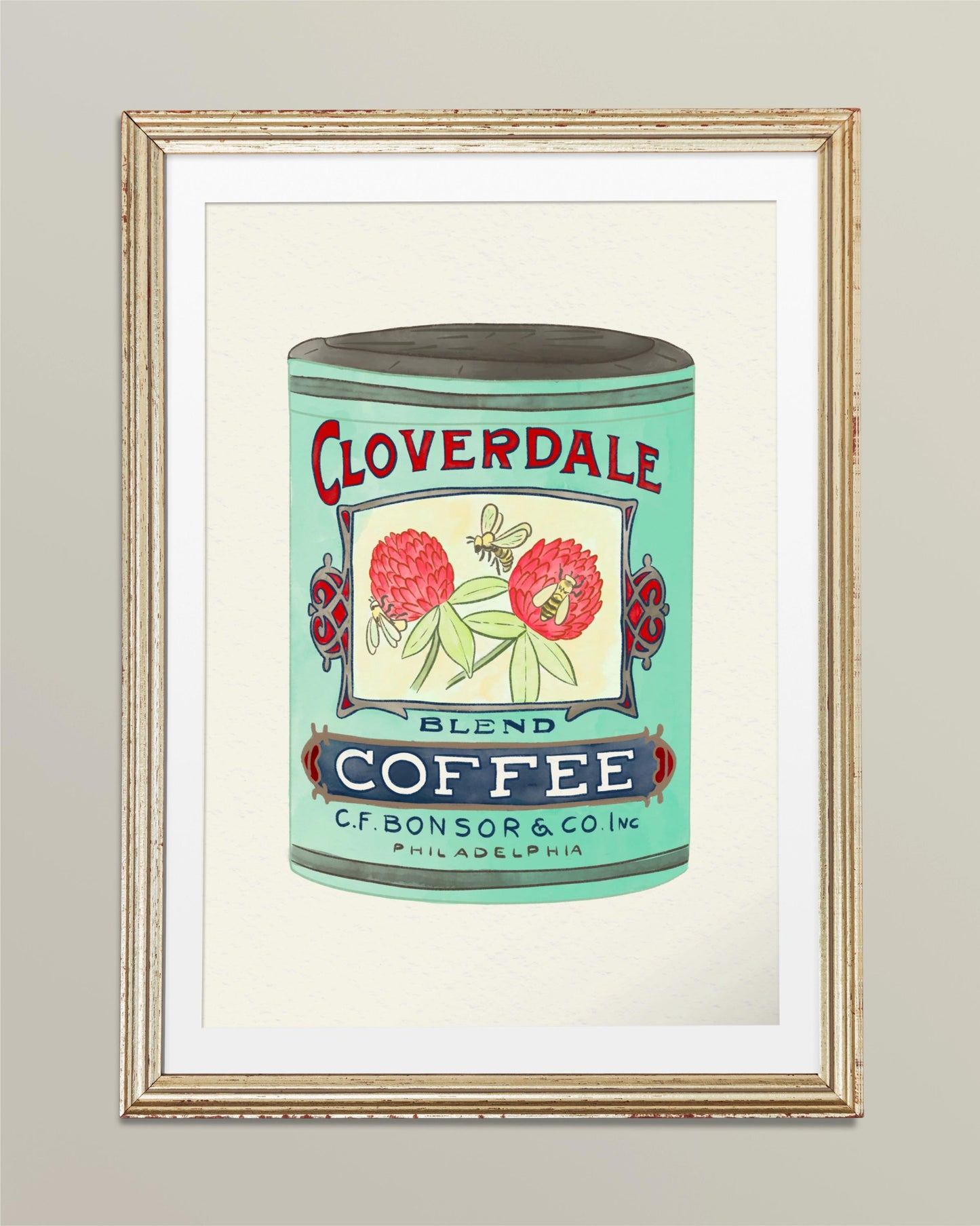 Vintage Coffee Tin Kitchen Poster/Art Print with clover and bee