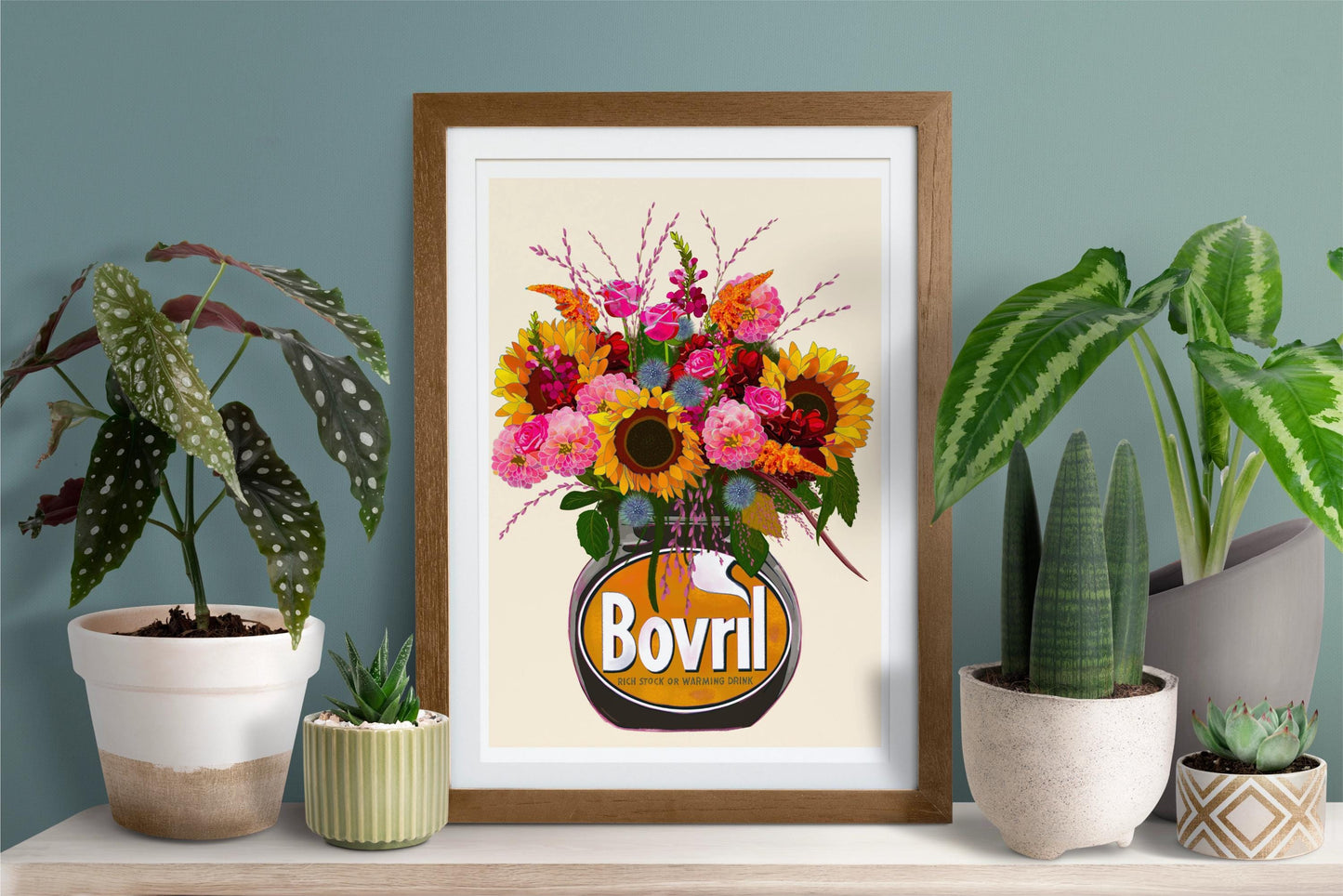 Colourful bovril With Sunflowers Dahlias & Roses Art Print/Poster