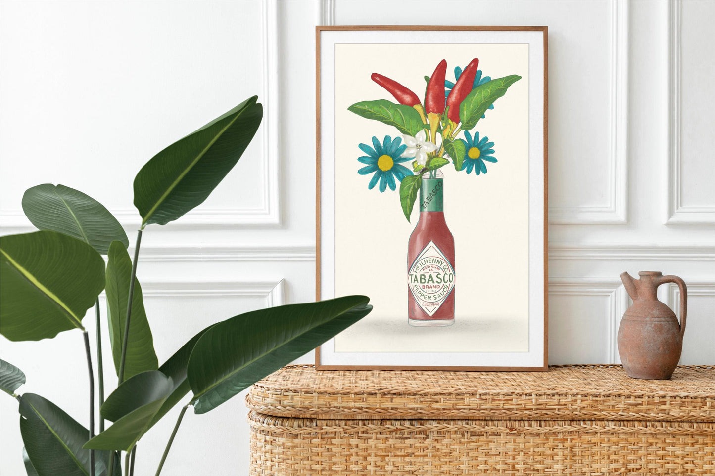 Tabasco Hot sauce with flowers and chillis kitchen Unframed Art Print