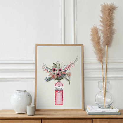 Pink Gin Bottle and Cottage Garden Flowers, Unframed Kitchen Art Print/Poster