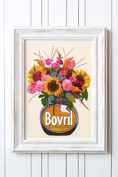 Colourful bovril With Sunflowers Dahlias & Roses Art Print/Poster