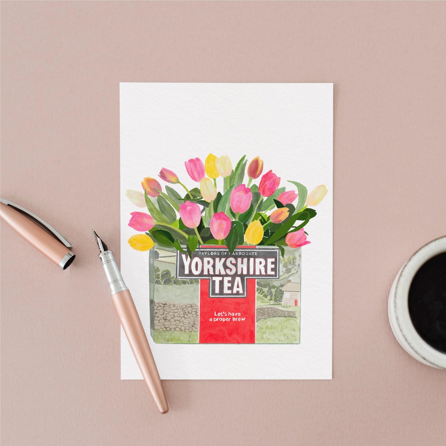 Yorkshire Tea and Tulips A6 Greetings Card