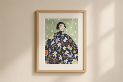 woman in floral dress portrait, colourful art print