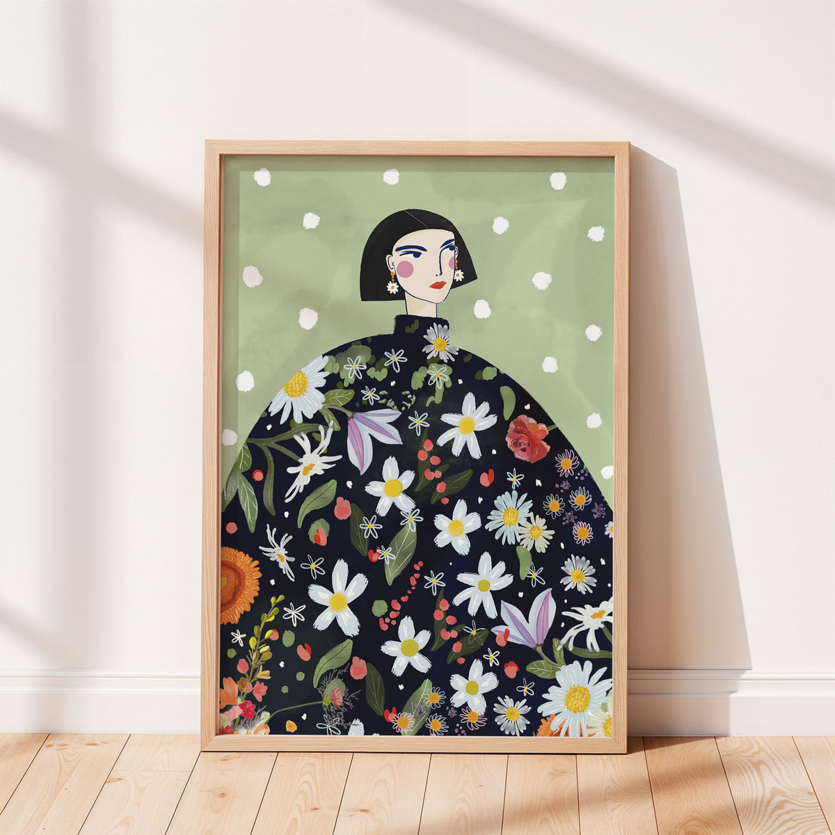 woman in floral dress portrait, colourful art print