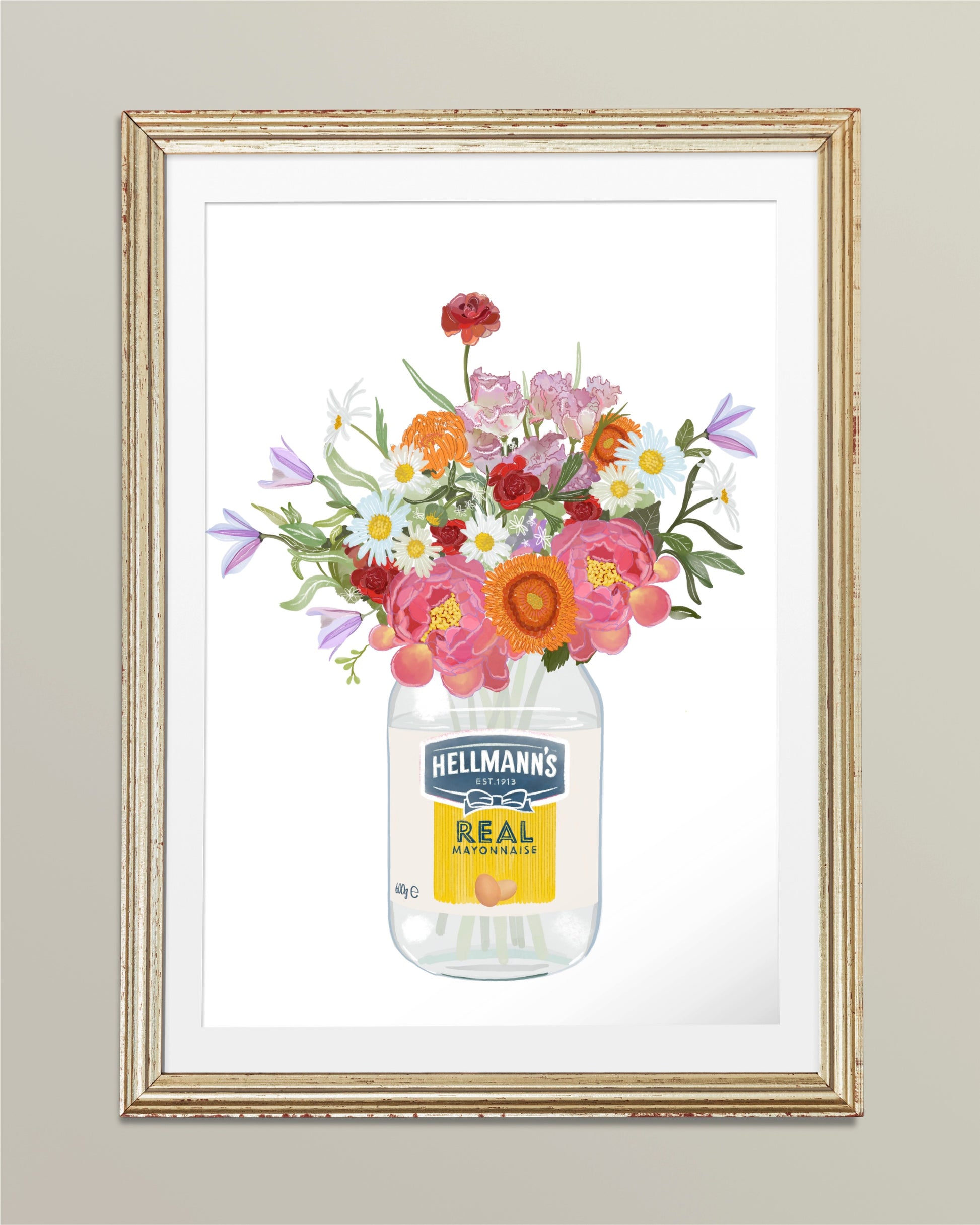 Framed artwork of a jar with flowers and Hellmann's Mayonnaise label on a white background