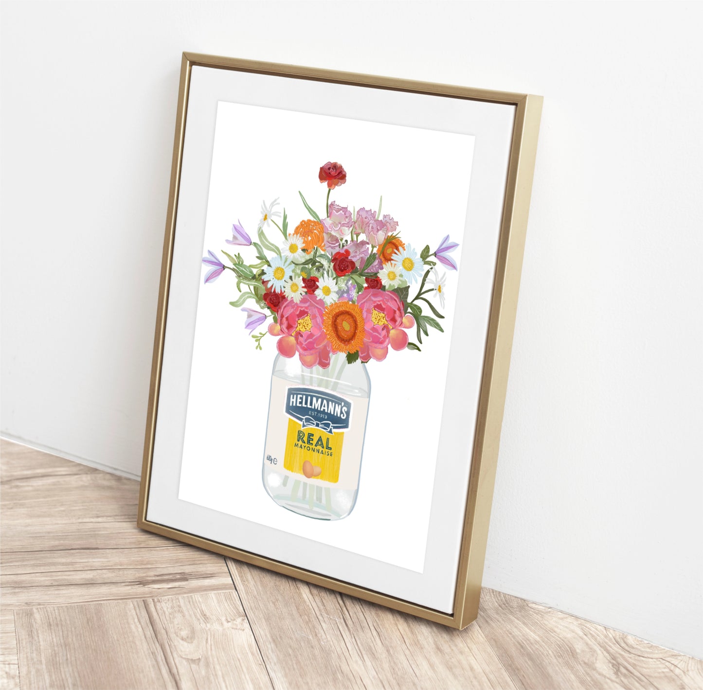 Mayonnaise Jar and Cottage Garden Flowers bouquet Art Print