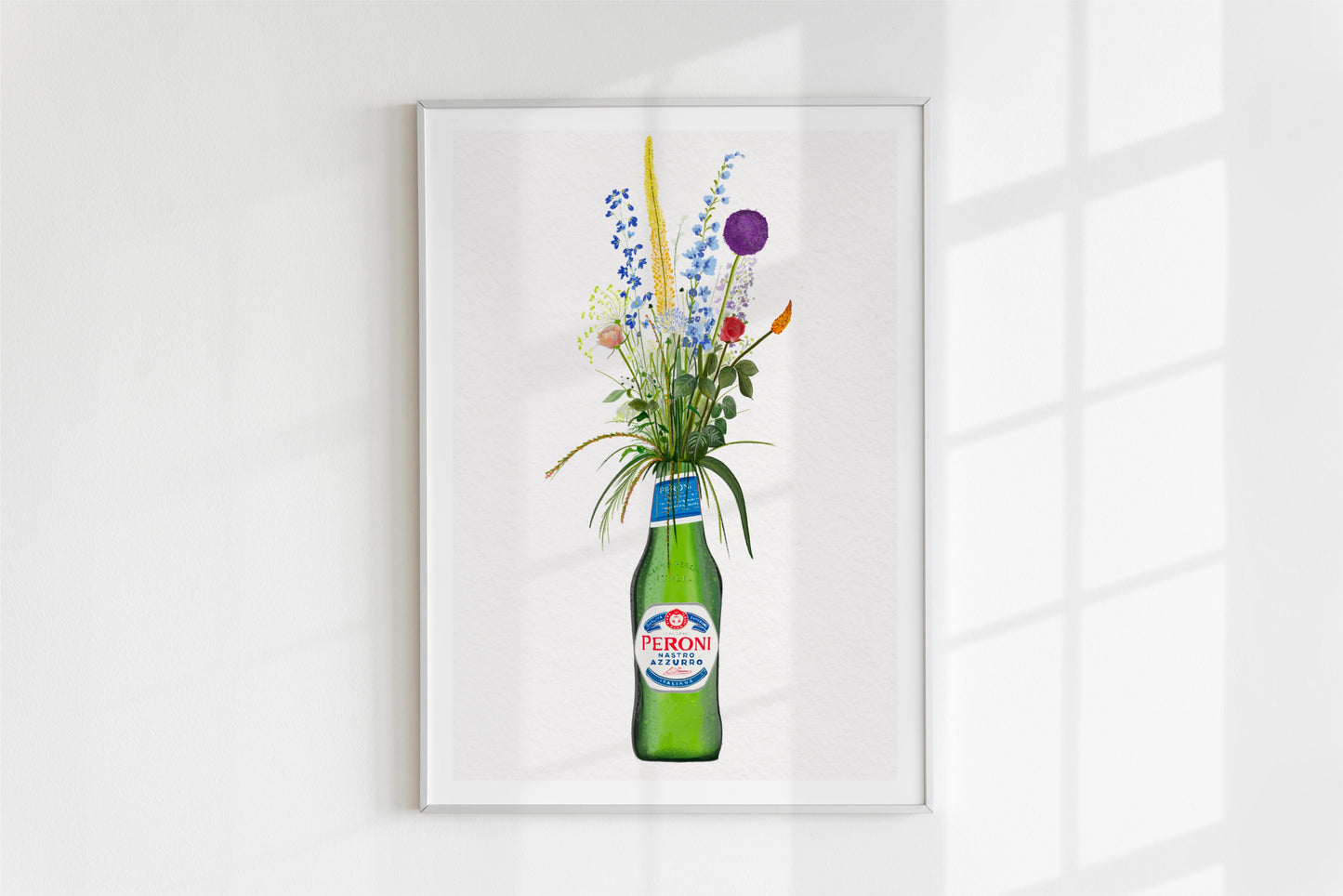 Bottle of Peroni and Cottage Garden Flowers kitchen or bar Art Print/Poster