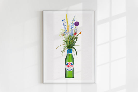 Bottle of Peroni and Cottage Garden Flowers kitchen or bar Art Print/Poster