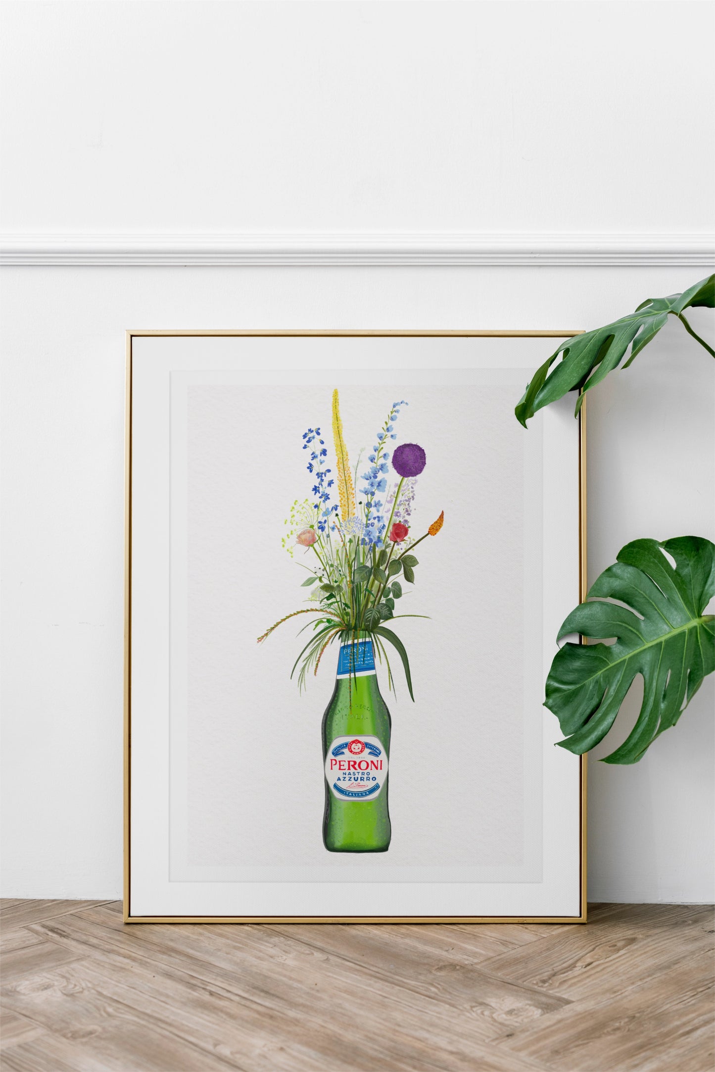 Bottle of Peroni and Cottage Garden Flowers kitchen or bar Art Print/Poster