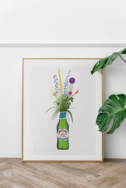 Bottle of Peroni and Cottage Garden Flowers kitchen or bar Art Print/Poster
